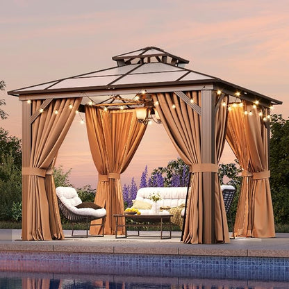 Aoxun 10'x10' Hardtop Gazebo, Aluminum Frame Permanent Pavilion with Netting and Curtains, Outdoor Polycarbonate Double Roof Canopy, Designed for Lawn, Garden, Patio (Khaki)