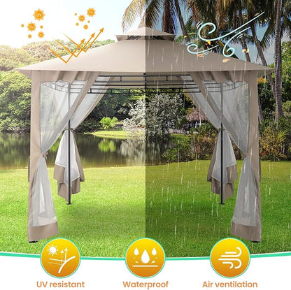 COBIZI Gazebo 10x10 Heavy Duty Gazebos with Improved Nettings Outdoor Gazebo Canopy Double Roof Patio Gazebos with Metal Steel Frame for Patio, Deck, Backyard (Khaki)
