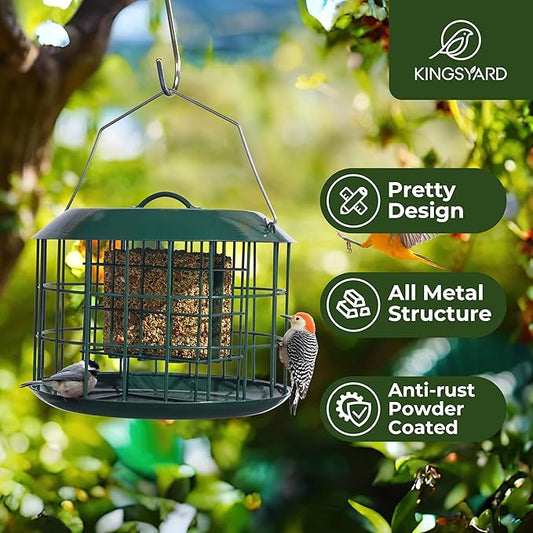 Kingsyard Squirrel Proof Suet Feeder, Cage Bird Feeders for Outdoors Hanging, All Metal, Double Suet Cake Capacity, Tray & Weatherproof, Green