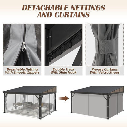 12' x 14' Hardtop Wall Mounted Gazebo, Lean to Gazebo with Galvanized Steel Roof Aluminum Frame Wall Gazebos Pergola with Netting&Curtains for Outdoor, Backyard, Patio