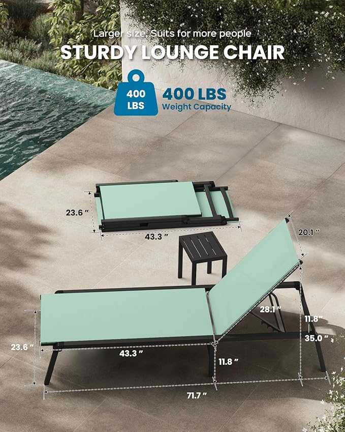 Foldable Pool Lounge Chairs, Aluminum Chaise Lounge Outdoor with 5 Positions Recliner - Free Assembly - Patio Lounge Chair for Poolside, Beach (LightGreen)