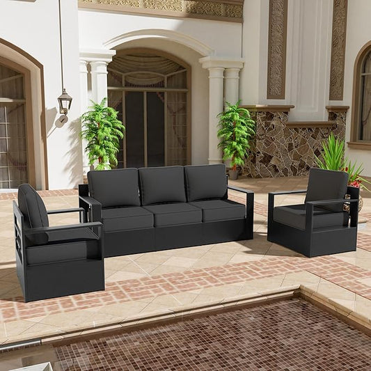 3 PCS Aluminum Patio Conversation Set - Outdoor 3-Seater Sofa, 2 Fixed Chair with 6" Thick Water-insistant Cushions, All-Weather Use Frame, Removable Cover, Ideal for Garden, Poolside (Grey)