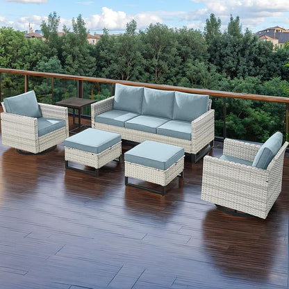 Wicker Outdoor Patio Furniture Set - 5 Piece Patio Conversation Set with 2 Swivel Rocker Chairs,2 Rattan Ottoman and 1 Metal Side Table for Outside Porch Deck Backyard Garden(Light Grey/Sky Blue)