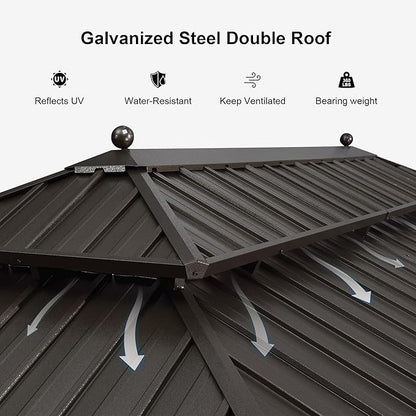 PURPLE LEAF 12' X 20' Outdoor Hardtop Permanent Galvanized Steel Gazebo Double Roof Canopy Aluminum Frame Patio Garden Pavilion with Netting and Curtains