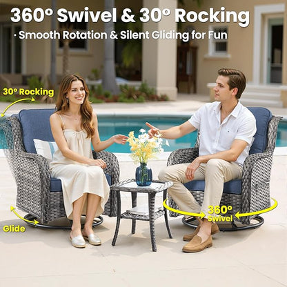 ovios 7 Pieces Patio Furniture Set, Outdoor Wicker Sofa Couch with Swivel Chairs 54" Fire Pit Table, High Back All Weather Modern Conversation Sets, Grey Rattan, Denim Blue