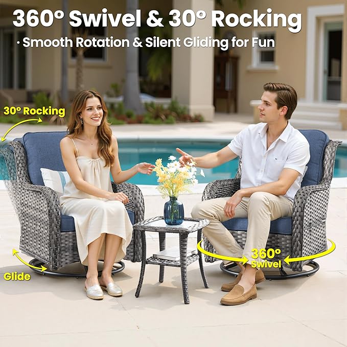 ovios 9 Pieces Patio Furniture Set, Outdoor Wicker Sofa Couch with Swivel Chairs Ottomans Comfy Cushions, High Back All Weather Modern Conversation Sets, Grey Rattan, Denim Blue