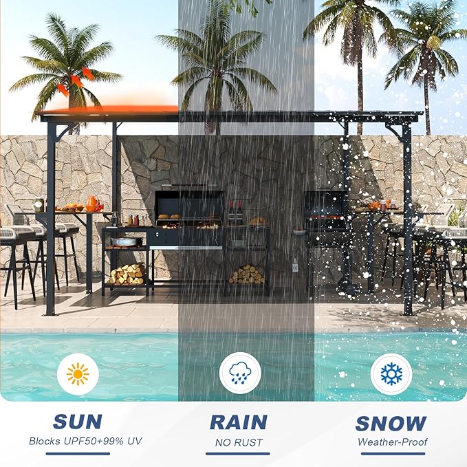 MEISSALIVVE 10' x 12' Wall Mounted Gazebo, Outdoor BBQ Grill Gazebo with Side Shelf, Lean to Metal Awnings with Sloped Roof, Heavy Duty Pergola for Backyard, Deck, Black