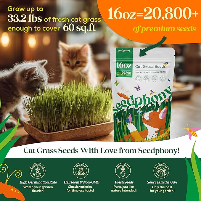 Cat Grass Seed Mix – 16 oz Pack with 20,500 Non-GMO Heirloom Seeds for Cats, Barley, Oat, Rye & Wheatgrass for Indoor Growing, Fresh Pet Grass for Digestion & Hairball Control