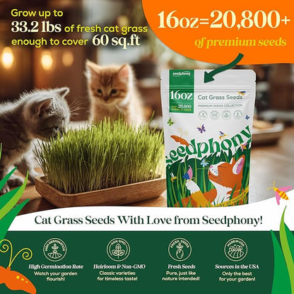Cat Grass Seed Mix – 16 oz Pack with 20,500 Non-GMO Heirloom Seeds for Cats, Barley, Oat, Rye & Wheatgrass for Indoor Growing, Fresh Pet Grass for Digestion & Hairball Control