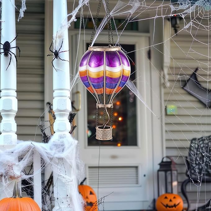 TERESA'S COLLECTIONS Hot Air Balloon Solar Lantern for Halloween Garden Decor, Flickering Flame Hanging Solar Light for Outdoor Yard Tree Porch Lamp Decorations Outside, Gift for Halloween Party
