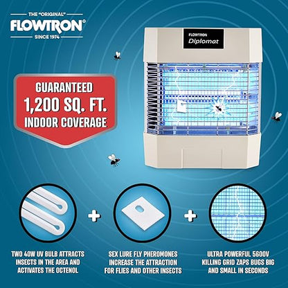 Flowtron Indoor Bug Zapper | Electric Fly & Insect Killer with 80W UV Light, Pheromone Lure Attractant, Shock Kill Grid & Reflector Panels | 1200 Sq Ft for Kitchen, Restaurant & Barn, UL Certified
