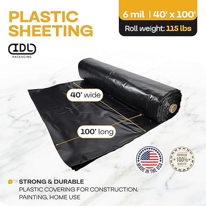 Black Construction Plastic Sheeting 6 mil, 40' x 100' (4000 sq. ft.) - Thick Plastic Cover for Construction, Painting, Greenhouse - Heavy Duty Plastic Sheeting - LDPE Plastic Roll by IDL Packaging