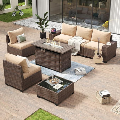 Aoxun 7 Piece Patio Furniture Set with Wide Armrests & 44” Fire Pit Table Wicker Rattan Outdoor Sectional Sofa Set with Coffee Table and Thickened Cushions, Brown/Beige(Waterproof Cover Included)