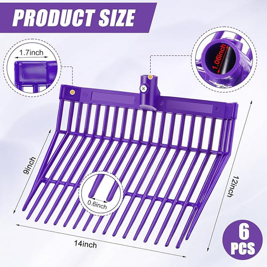Lasnten 6 Pcs Manure Fork Head Bulk 18 Tines Pitch Fork Replacement Head with Screws and Nuts Durable Stable ABS Plastic Pitchfork for Horse Stall Picking up Manure(Purple)