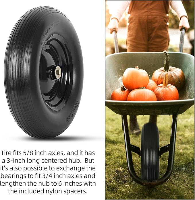 (2-PACK) 4.80/4.00-8" Tire and Wheel - Universal Fit 16" Flat Free Solid Wheelbarrow Tires with 3" Hub and 5/8" Bearings – Extra Adapter kit includes 3/4" Ball Bearings, 1" and 1/2" Nylon Spacers