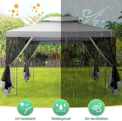 COBIZI Gazebo 10x13 Heavy Duty Gazebos with Improved Nettings Outdoor Gazebo Double Roof Patio Gazebos with Metal Steel Frame Outdoor Canopy for Patio,Garden, Backyard (Gray)