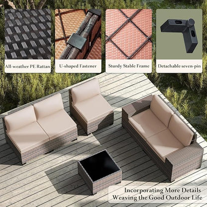 Outdoor Patio Furniture Set, 6 Pieces Outdoor Furniture All Weather Patio Sectional Sofa PE Wicker Modular Conversation Sets with Coffee Table,5 Chairs & Seat Clips Brown