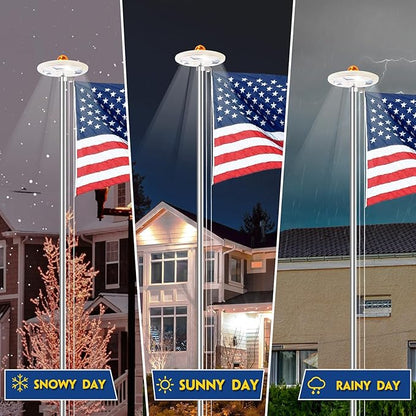 25FT Sliver Heavy Duty Flag Pole Kit with 3x5 Ft American Flag & Solar Light - 12 Gauge Aluminum Tubing, Resistance High Winds, Hardware Flagpole Set for Residential Commercial Outdoor Ready