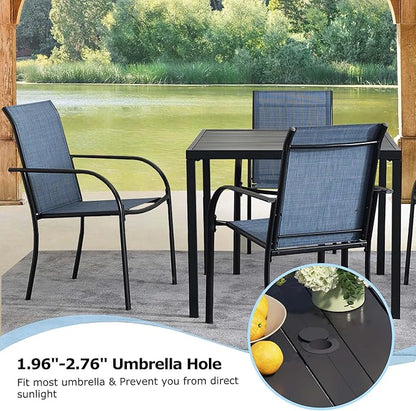 5 Pieces Round Dining Table Set for 4, Patio Dining Set Includes 4 Blue Stackable Patio Chairs and 1 Black Square Table, Patio Furniture Sets with Sling Support for Outside, Garden