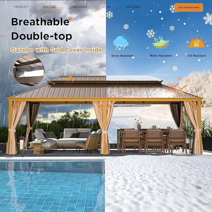 EROMMY 12'x24' Hardtop Gazebo, Galvanized Steel Double Roof with Wood Grain Aluminum Frame, Outdoor Gazebo with Curtains and Nettings for Patio, Backyard and Deck