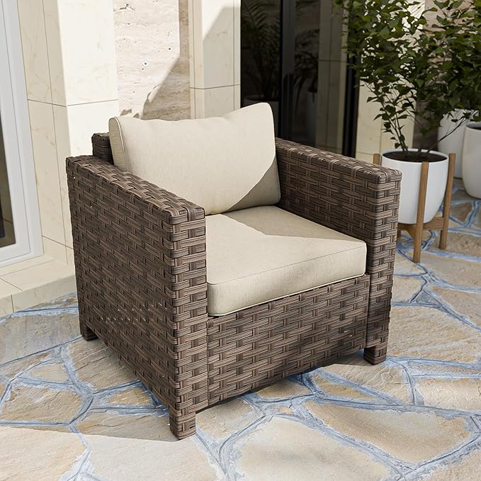 EAGLE PEAK Harbor Haven Wicker Patio Chair, Deep Seating Armchair, Weather Resistant Outdoor Furniture for Patio, Deck, Garden, Brown/Beige