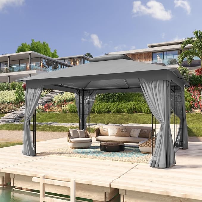 COOS BAY 10x12 Outdoor Patio Gazebo with Netting, Two-Tier Soft Top Canopy for Backyard, Lawn, Deck and Garden, Gray