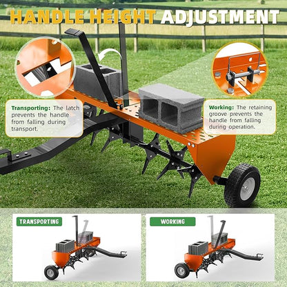 40" Lawn Aerator Tow Behind, Pull Behind Aerator with Universal Hitch, 24 Galvanized Steel Tines, Tray and Pneumatic Tires, Plug Behind Aerator is Suitable for Gardens, Lawns and Farms