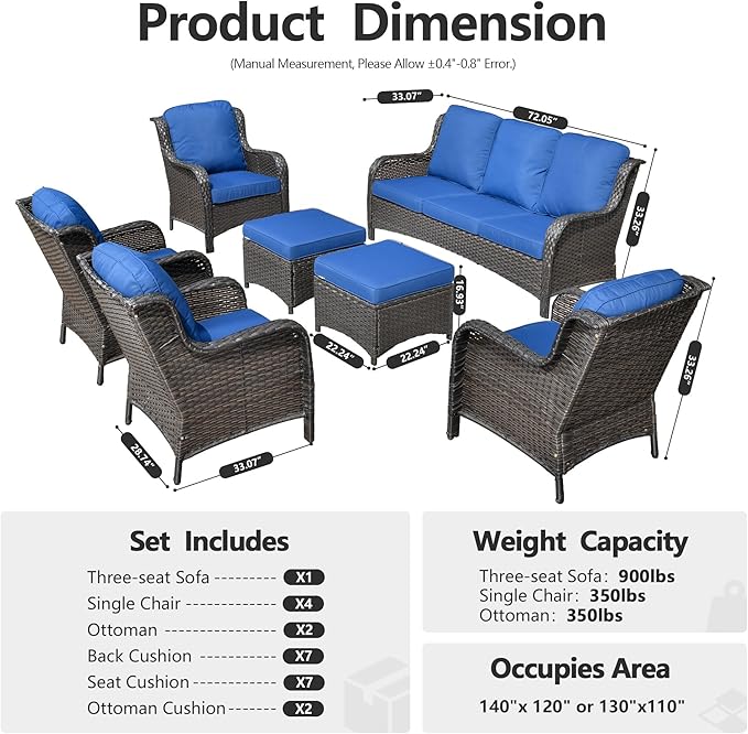 HOOOWOOO Patio Furniture Set,7 Piece Outdoor Furniture Set,Wicker Patio Conversation Couch Chairs Ottoman Set,Navy Blue