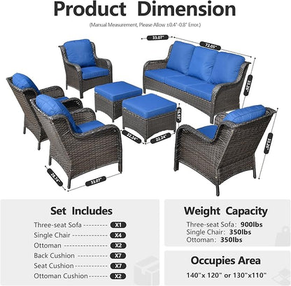 HOOOWOOO Patio Furniture Set,7 Piece Outdoor Furniture Set,Wicker Patio Conversation Couch Chairs Ottoman Set,Navy Blue