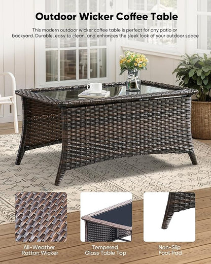 HUMMUH 6-Piece Outdoor Wicker Patio Furniture Set with Swivel Glider Chairs, 3-Seat Sofa & Ottomans 5” Olefin Cushions Ergonomic Neck-Lumbar Backrest All-Weather Rattan for Garden, Deck, Porch