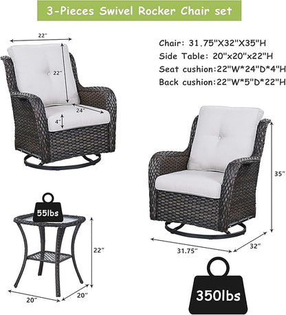 Outdoor Patio Swivel Rocker Chairs - 3 Piece Patio Bistro Set,Wicker Patio Furniture Set with 2 Swivel Rocking Chairs and 1 Glass Top Side Table for Deck Porch Garden,Brown/Beige