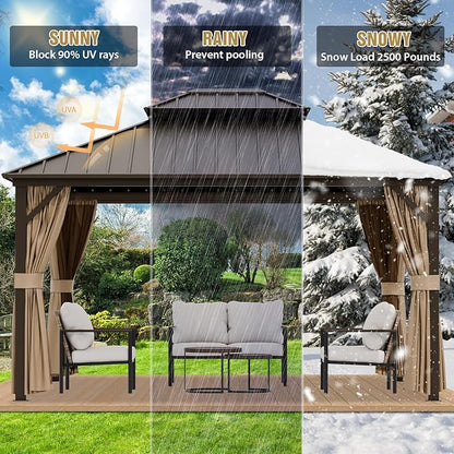 COOS BAY 12x14 Hardtop Gazebo with Aluminum Frame, Galvanized Steel Double Roof Outdoor Pavilion with Netting and Curtains, Dark Brown/Tan
