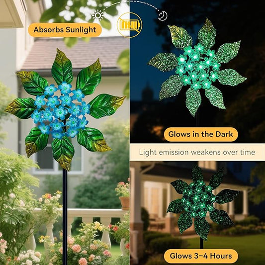 Solar Glow Garden Wind Spinner Outdoor, 13" W Flower Metal Wind Spinner & Sculptures with Fluorescent Coating, Kinetic Windmill for Yard Lawn Patio Decor, Blue