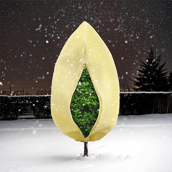 Plant Covers Freeze Protection, 4 Pack 32''× 47'' Beige Frost Cloths Blankets with Zipper Drawstring Shrub Tree Covers for Winter Outdoor Plants Freeze Protection