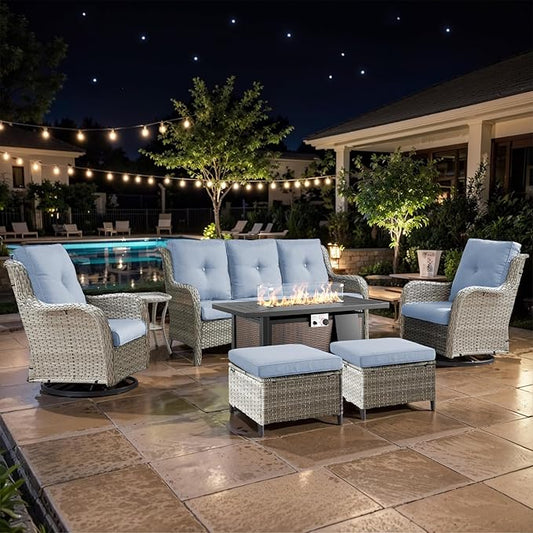 7 Pieces Patio Furniture Set with Fire Pit Table, Wicker Rattan Outdoor Furniture Set with Swivel Rocker Chairs for Yard, Deck, Garden, Light Beight/Light Blue