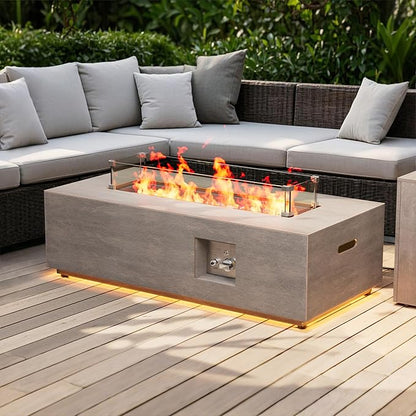 42" Outdoor Fire Pit Table, 50,000 BTU Gas Fire Pit with Glass Wind Guard, Fire Stones, Waterproof Cover, Propane Fire Pit Table for Outside Patio (Warm Light, Brown)