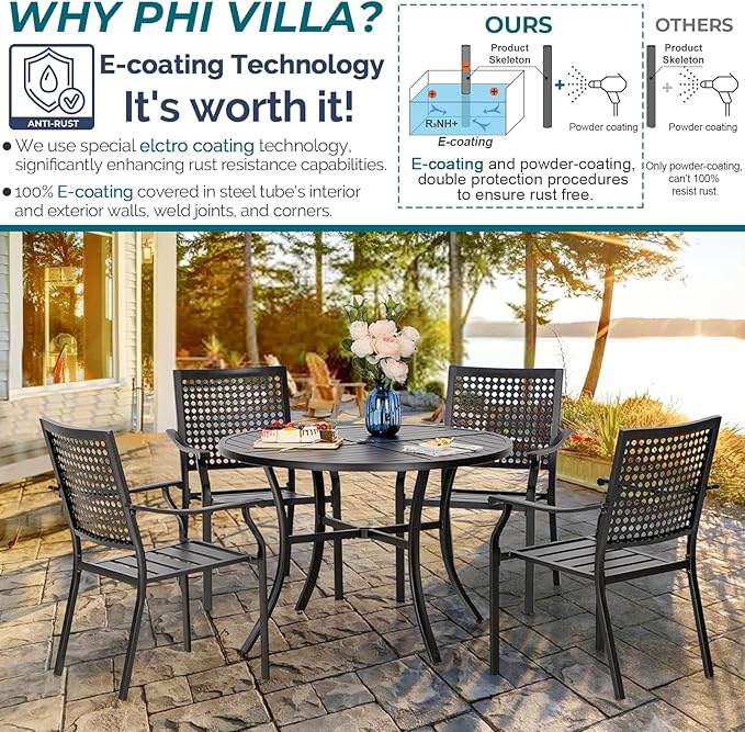 PHI VILLA 5 Pieces Outdoor Round Dining Set for 4, Steel Circle Table with Umbrella Hole & Stacking Wrought Iron Chairs, Modern Dining Furniture Set for Patio, Deck, Yard, Porch