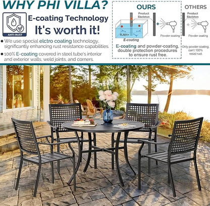 PHI VILLA 5 Pieces Outdoor Round Dining Set for 4, Steel Circle Table with Umbrella Hole & Stacking Wrought Iron Chairs, Modern Dining Furniture Set for Patio, Deck, Yard, Porch