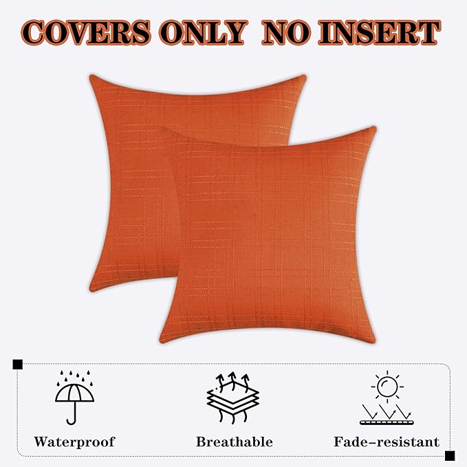 Kevin Textile Fall Outdoor Waterproof Throw Pillow Covers Decorative Farmhouse Water Resistant Checkered Cushion Covers for Tent Patio Garden Couch Sofa Pack of 2 (20x20 Inch Orange)