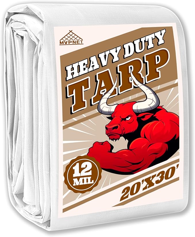 Tarp 20x30 ft Heavy Duty 12mil 100% Waterproof High Durability Multipurpose,Uv Resistant,White Tarp Suitable for Swimming Pools, Boats, Camping, Courtyards, Etc -by MVPNET