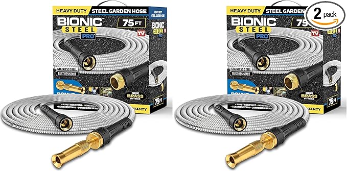 BIONIC STEEL 75ft Stainless Steel Garden Hose | Ultra Durable | Kink Free | With Brass Fittings | Pack of 2