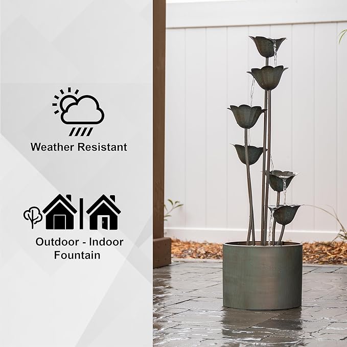 XBrand Metal Sculptural Multi-Tiered Flower Water Fountain, Bronze, 46" Tall