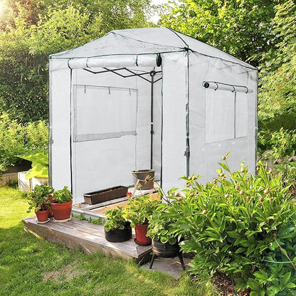 EAGLE PEAK Replacement Cover for 8x6 Portable Walk-in Pop up Greenhouse, Front and Rear Roll-Up Zipper Entry Doors and 2 Large Roll-Up Side Windows (Frame Not Included), White