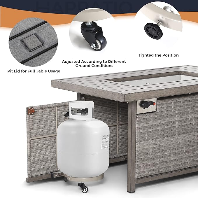 HAPPATIO 48inch 50,000 BTU Aluminum Patio Fire Pit,Wicker &Aluminum Rattan Square Propane Fire Pit Table.Propane Gas Fire Pit Table with Clear Glass Rock, Gray PE Rattan(Gray)