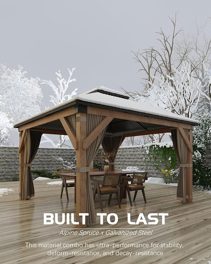 GAOMON Hardtop Spruce Wood Gazebo 12'x12', with Double Roof of Metal Sheets, 4.7'' Heavy Duty Poles, Gray Net, and Curtain, Permanent Building for Patio, Deck, Backyard, Lawn, and Garden, Khaki