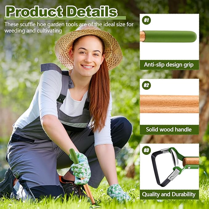 1 Pcs Mini Garden Hula Hoes for Weeding Long Stirrup Hoe Tools Scuffle Hoe Garden Tool for Lawn Yard Weeding Gardening (Wood Handle)