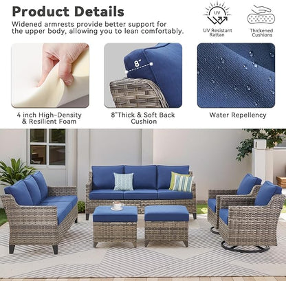 Patio Furniture Set, 6 Pieces Outdoor Wicker Rattan Sofa Couch with Rattan Chair, Side Table, Ottomans and Comfy Cushions, All Weather Patio Conversation Sets, Suit for Porch Deck Garden