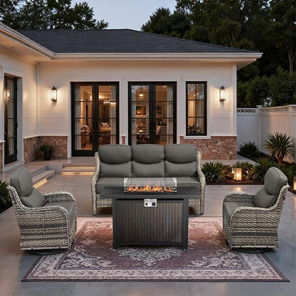 HUMMUH 6 Pieces Patio Furniture Set with Fire Pit High Back Outdoor Furniture Set 6-inch Cushions Wicker Patio Swivel Rocker Chairs for Balcony Garden,Lawn,Deck