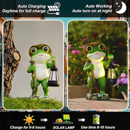Solar Frog Garden Decor with Lantern Outdoor Statue for Patio Pathway Frog Figurine for Yard Decoration Lawn Ornament Gardening Gifts for Women Mom Grandma