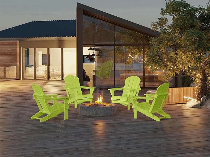 MUCHENGHY Folding Adirondack Chairs Set of 4, Patio Chairs, Lawn Chairs, Outdoor Chair, Adirondack Chair Plastic, Fire Pit, Weather Resistant with Cup Holder for Deck, Backyard, Garden(Lemon Green)